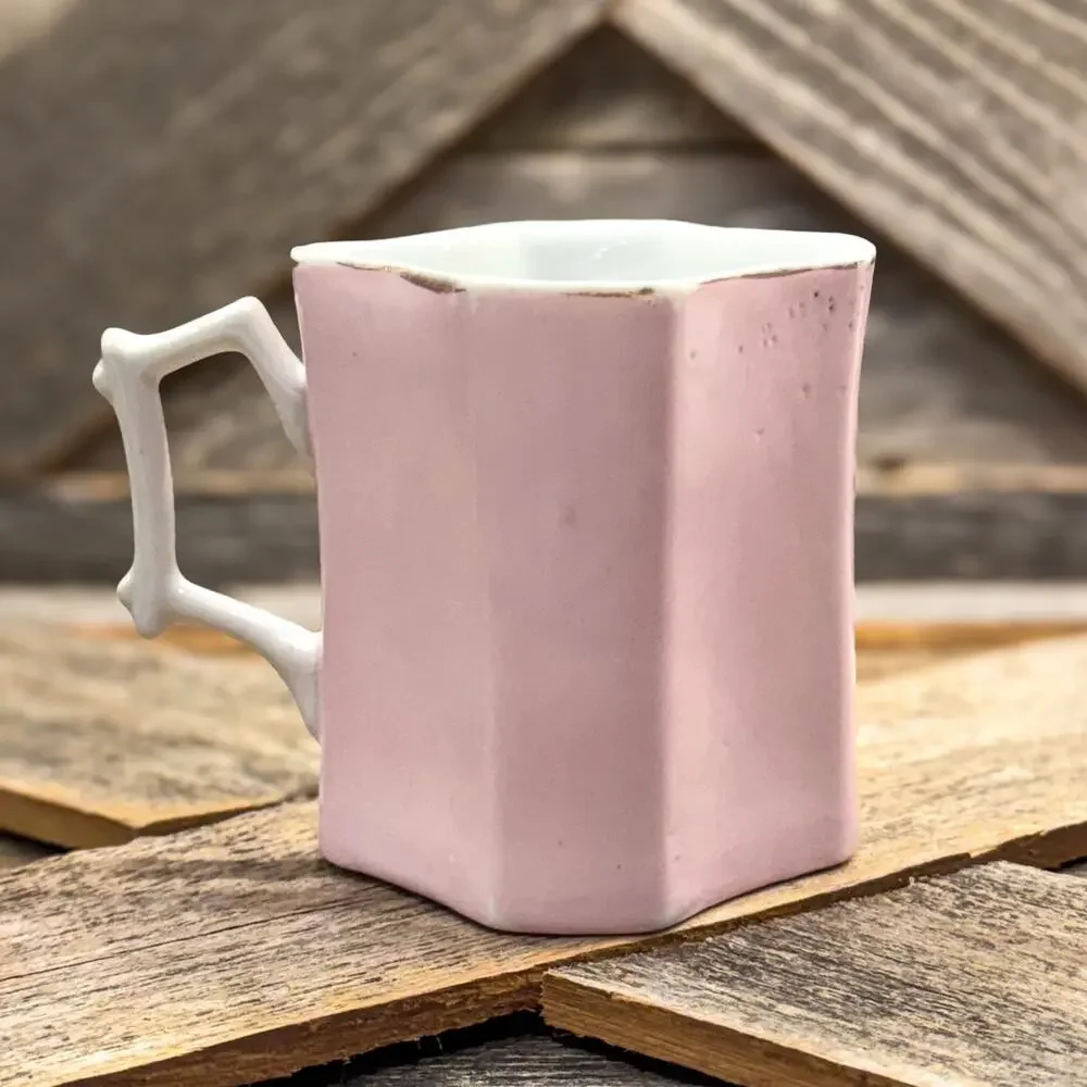 19th Century Victorian Pink Bone China Wishbone Handled Cup w/ Winter Landscape